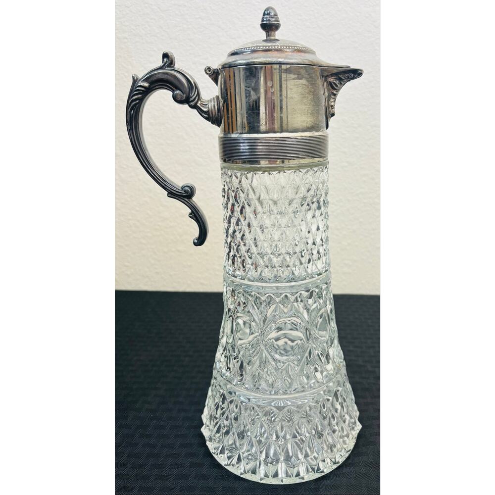 Leonard Crystal Diamond Pattern Glass Silverplate Top Decanter Carafe Vintage